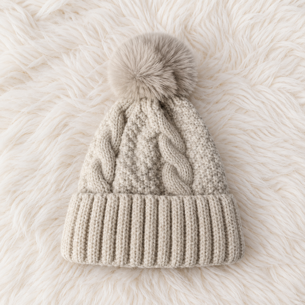 Bonnet d'hiver en tricot torsadé avec pompon en fourrure